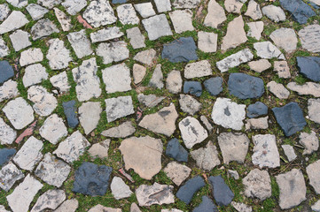 cobble road with grass growing between cobbles