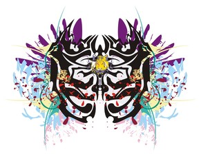 Spider splashes. Tribal spider formed by cat's forms with blood drops, feathers, the tiger head in grunge style  inspiring fear