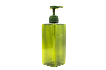 Green cosmetic plastic bottle with dispenser pump.