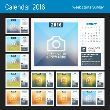 Desk Calendar for 2016 Year. Set of 12 Months. Vector Design Print Template with Place for Photo, Logo and Contact Information. Week Starts Sunday. Calendar Grid with Week Numbers