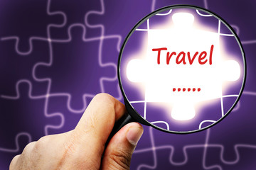 Travel word. Magnifier and puzzles.