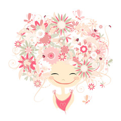 Female portrait with floral hairstyle for your design