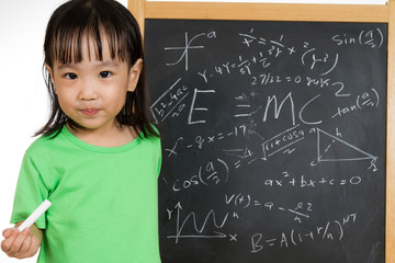 Asian Chinese little girl againts blackboard with formulas