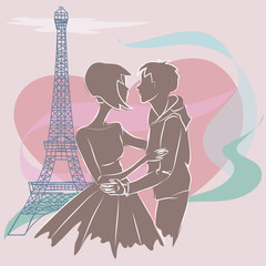 Sweet couple in Paris near the Eiffel tower. Big heart background