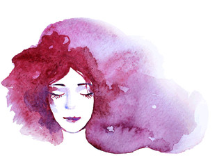 Watercolor portrait of beautiful women with long hair isolated on white. Fashion illustration © kaidash