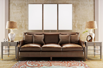 Mock up posters with leather sofa couch. Photo realistic 3d illustration