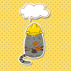 Cartoon construction worker. Funny cat builder with speech bubble on dots background. Vector illustration.