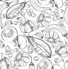 seamless hand drawn background. Sketch style set of vegetables. Vintage eco food. Vector illustration.