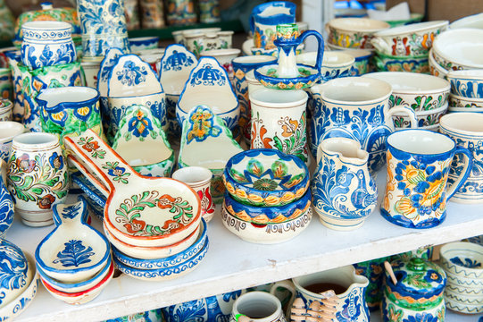 Closeup of traditional romanian colored pottery
