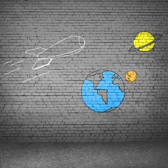 Background image with flying drawn rocket