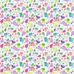 Seamless pattern with cartoon cats, birds and flowers. Hand