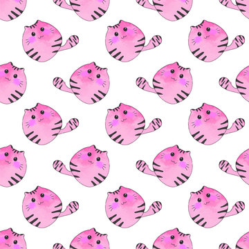 Seamless pattern with cartoon cats. Hand-drawn background