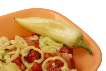 Paprika and tomato salad in the plastic bowl