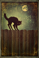 Black cat on fence with vintage look - 92109217