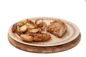 Fried young potatoes and chicken meat on the plate