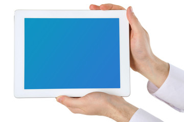 Hands holding tablet PC with blue screen, isolated on white