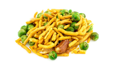 Isolated shot of Indian Punjabi bhuja snack against a white back