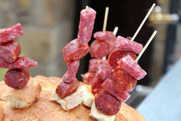 Appetizer on bread, Flea market, Puertomingalvo village, Teruel,