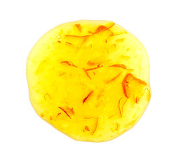 Aerial macro of orange marmalade preserve jam on white backgroun