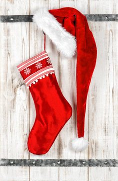 Red Santa Claus hat and sock for gifts. Christmas decoration