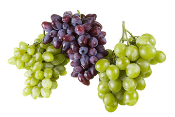 Several varieties of ripe grapes on a white background