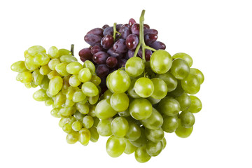 Several varieties of ripe grapes on a white background