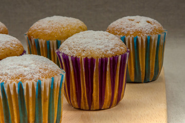 Homemade cupcakes with powdered sugar on wooden board