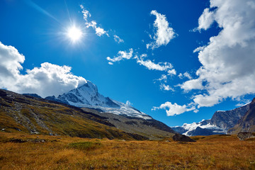 Snow capped mountains.