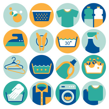 Set Of 16 Round Laundry Icons.