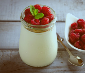 Healthy breakfast - fresh Greek yogurt with raspberries and mint