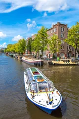 Gardinen Amsterdam canals and  boats, Holland, Netherlands. © Sergii Figurnyi