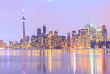Toronto city waterfront skyline at twilight.