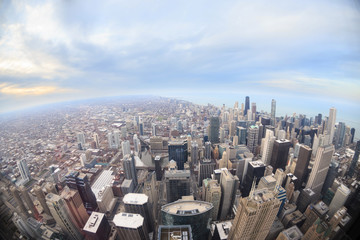  Aerial view of Chicago downtown at sunset from high above.