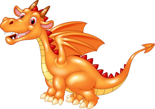 Cartoon Cute Orange Dragon Isolated On White Background