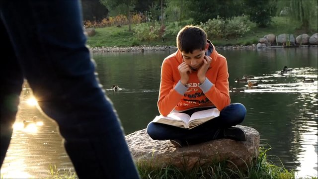 Мальчик сидит у воды и читает книгу. Плавают утки. Мимо ходят люди, проезжает коляска