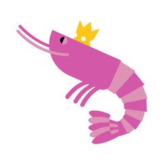 Royal shrimp in gold Crown. Giant sea cancroid. Vector illustrat