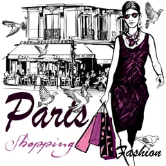 Poster Vrouw winkelen in Parijs © Isaxar