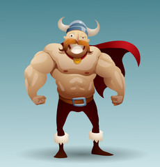 Vector Viking warrior in a cloak. Image of a redheaded Viking warrior with a mustache in red pants, a red cloak and a horned helmet on a blue background.