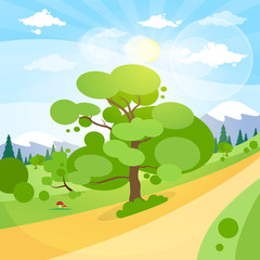 Fototapeta premium Summer Landscape Mountain Forest Road Blue Cloud Sky With Sun