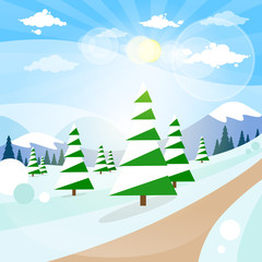 Winter Forest Landscape Christmas Background, Pine Snow Trees