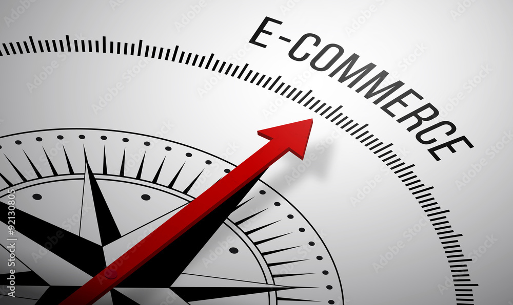 Poster 3d rendering of a compass with a e-commerce icon.