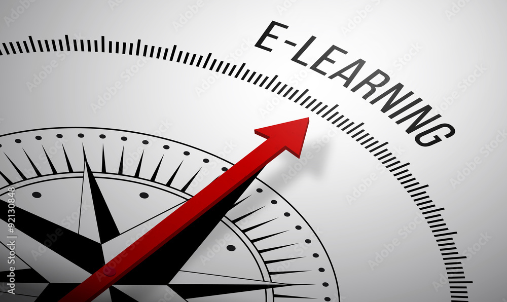 Poster 3d rendering of a compass with a e-learning icon.
