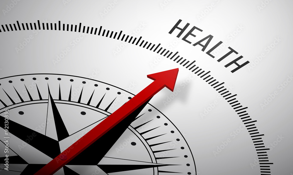 Poster 3d rendering of a compass with a health icon.