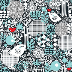 Pattern with snow birds, hearts and flowers.