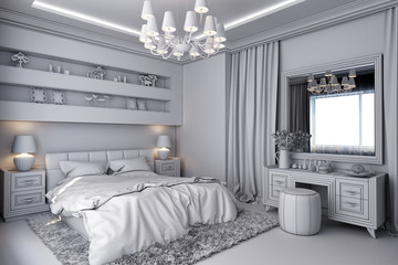 3D illustration of a white bedroom in classical style