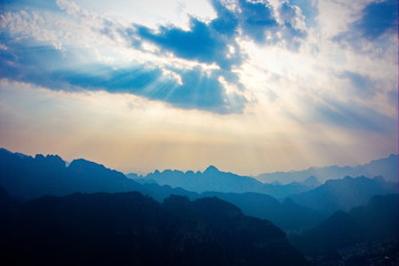 sunset at chinese countryside with Tyndall effect