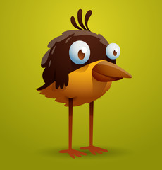 Vector funny brown bird. Image of a funny cute brown bird on a yellow-green background.