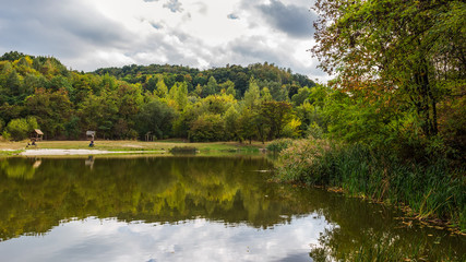 Fototapeta na wymiar Amazing colorful landscape with lake and park, early fall, Lviv, Ukraine