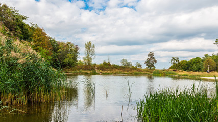 Amazing colorful landscape with lake and park, early fall, Lviv, Ukraine