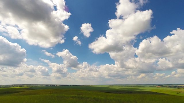 summer landscape with cloudy sky, view from hill, timelapse, 4k
